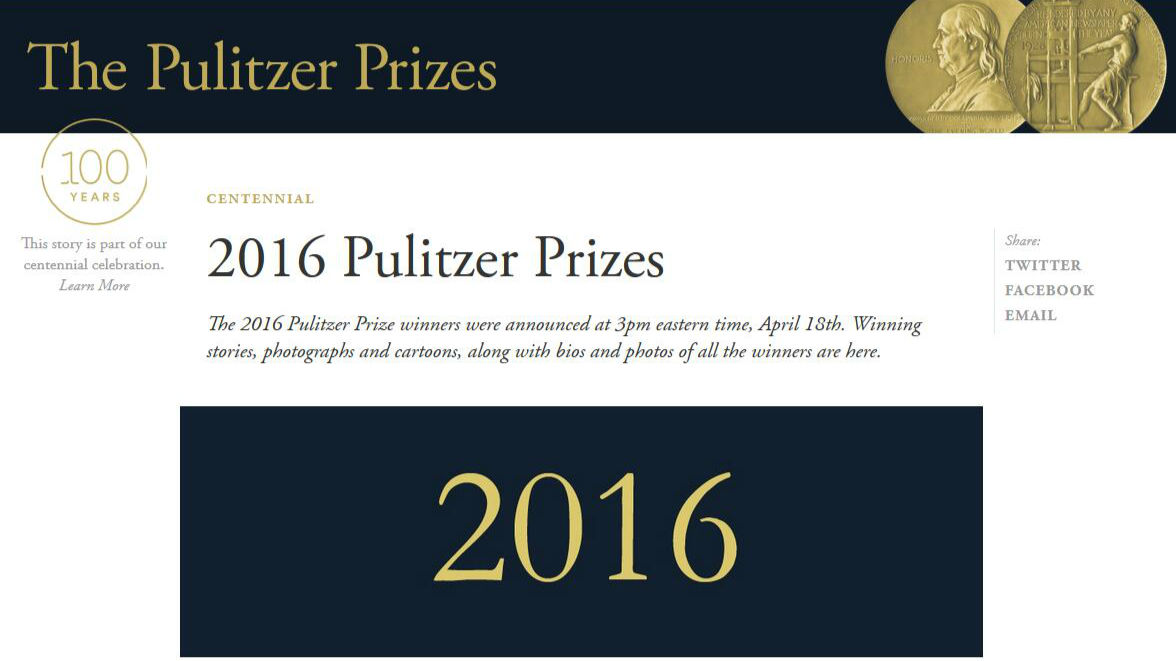 2016年普利策奖揭晓  美主流媒体获大奖