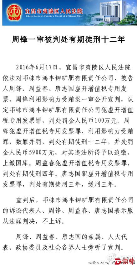 周锋一审被判有期徒刑十二年 处罚金5900万元
