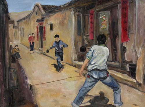 李岳 《小巷乒乓赛》油画 120X90CM 2009