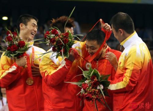 中国队在北京奥运会乒乓球男子团体比赛夺冠.