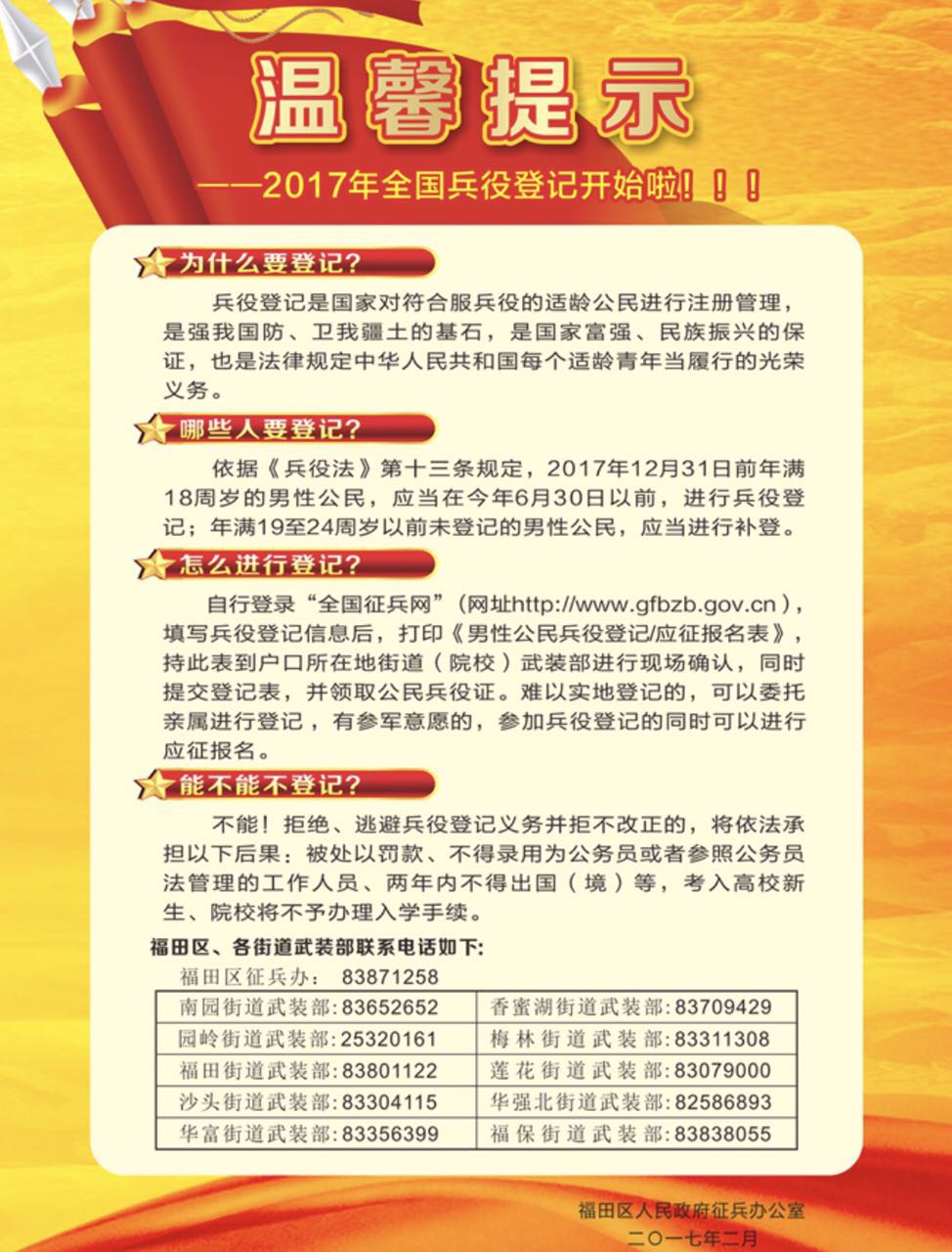 2017年福田区兵役登记开始啦！