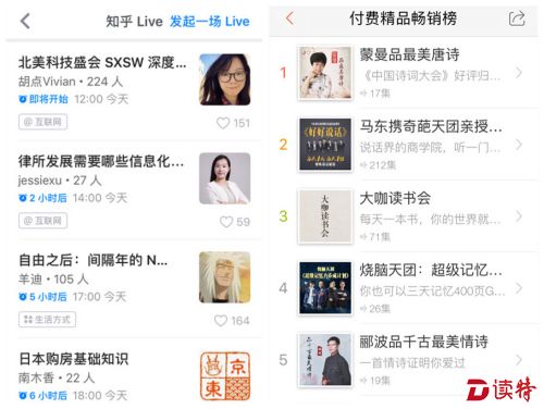知乎live(左)和喜马拉雅FM界面截图。