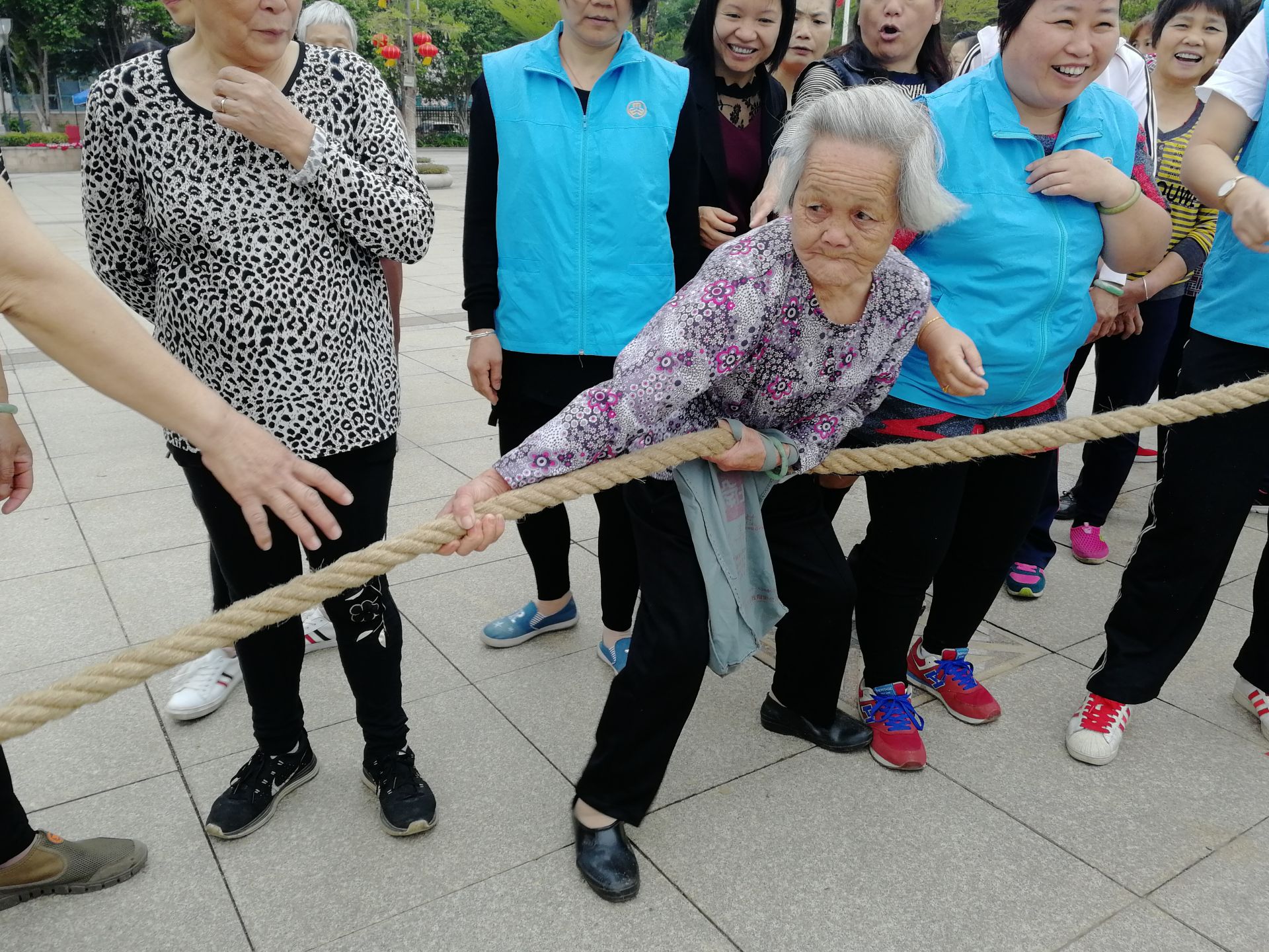东莞妇女节拔河 白发老人参赛