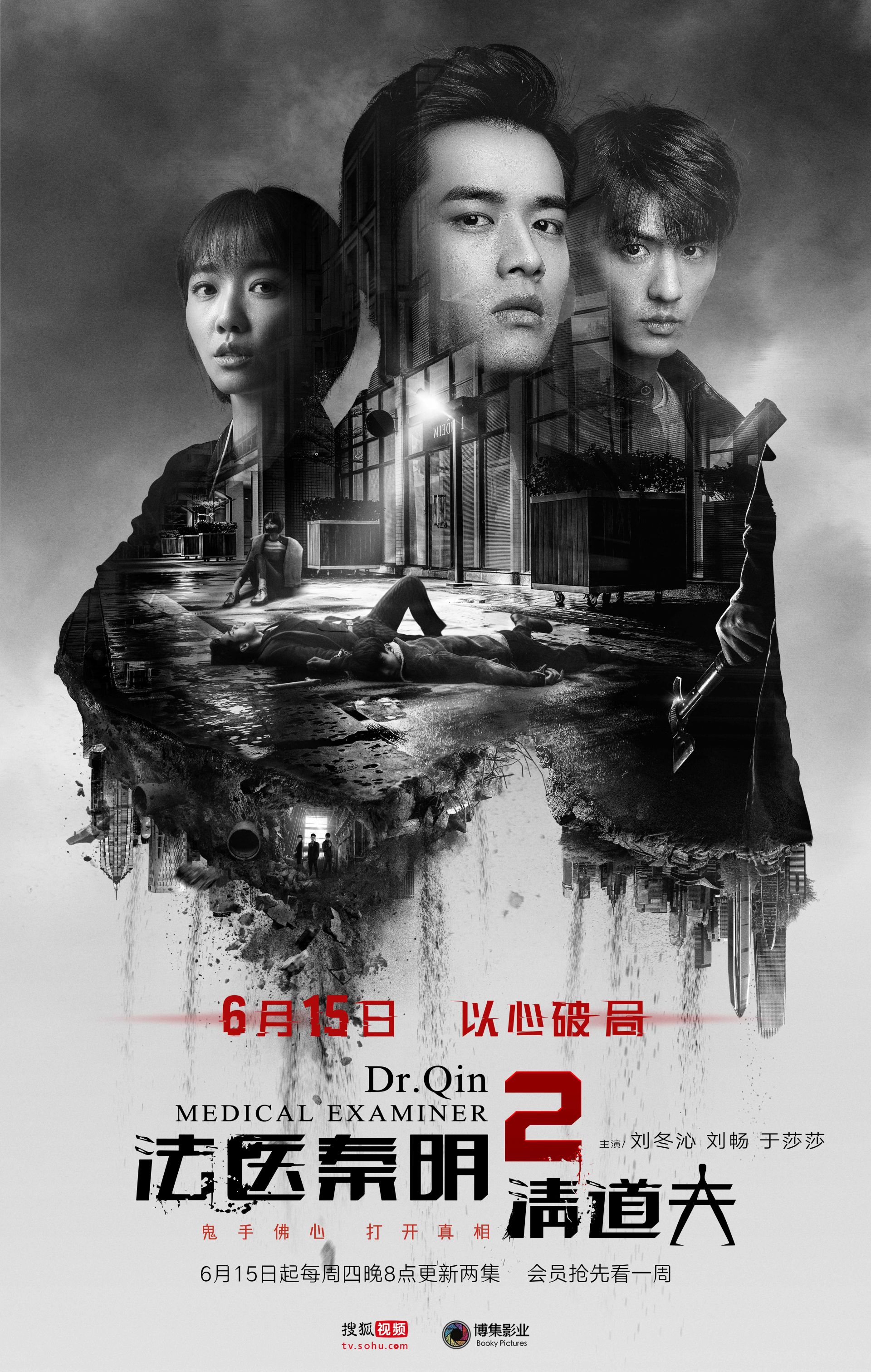 海報上方是由劉冬沁飾演的法醫秦明,劉暢飾演的刑警隊長林濤,於莎莎