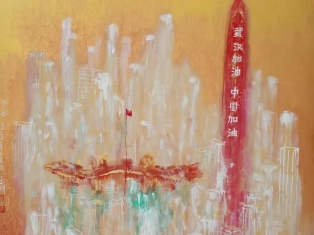 艺术家宋玉明画深圳地标建筑为武汉加油