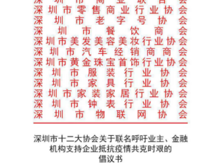深圳十二大协会联名发出租金减免利息优惠倡议