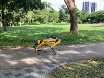 新加坡派出机器狗在公园巡逻 提醒市民保持社交距离