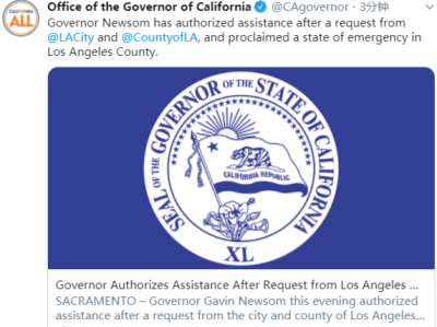 美国加州州长宣布洛杉矶市进入紧急状态