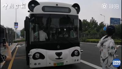 可爱！无人驾驶的熊猫公交运营