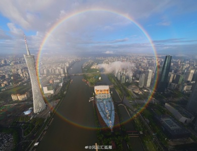 广州塔附近出现壮观“双彩虹圆环” 专家：形成条件很高