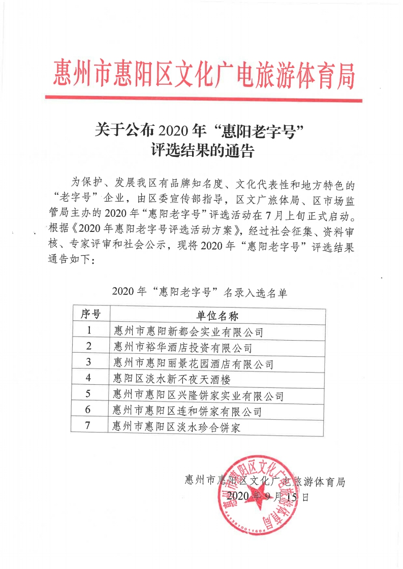 惠州市惠阳连和饼家等7家企业获评“惠阳老字号”