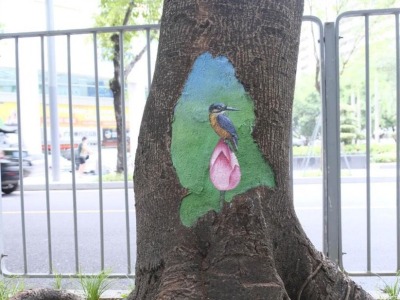 彩绘美化街区！园岭街道百花街头惊现斑斓彩绘树