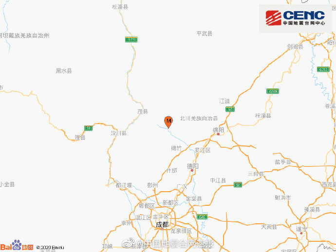 四川德阳市绵竹市发生3.4级地震，震源深度8千米
