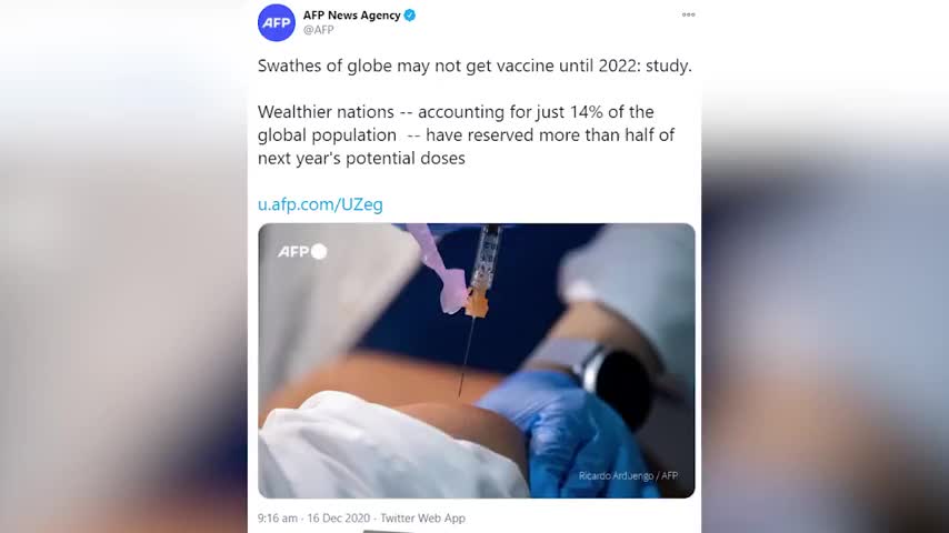 占全球人口数14%的富裕国家已预购超半数新冠疫苗