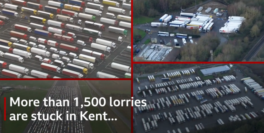 英国肯特郡1500多辆货车因旅行禁令滞留，高速宛如停车场