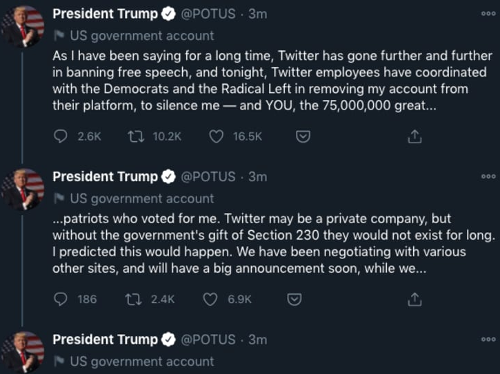 特朗普登录总统官方账号指责推特“禁止言论自由”，又被秒删