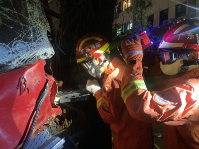 货车司机“撞树”被困 消防员破拆救人
