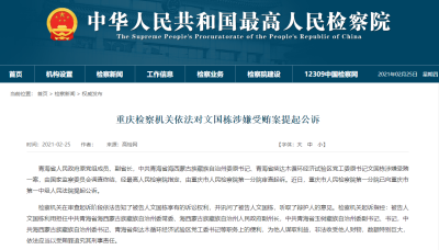 重庆检察机关依法对文国栋涉嫌受贿案提起公诉