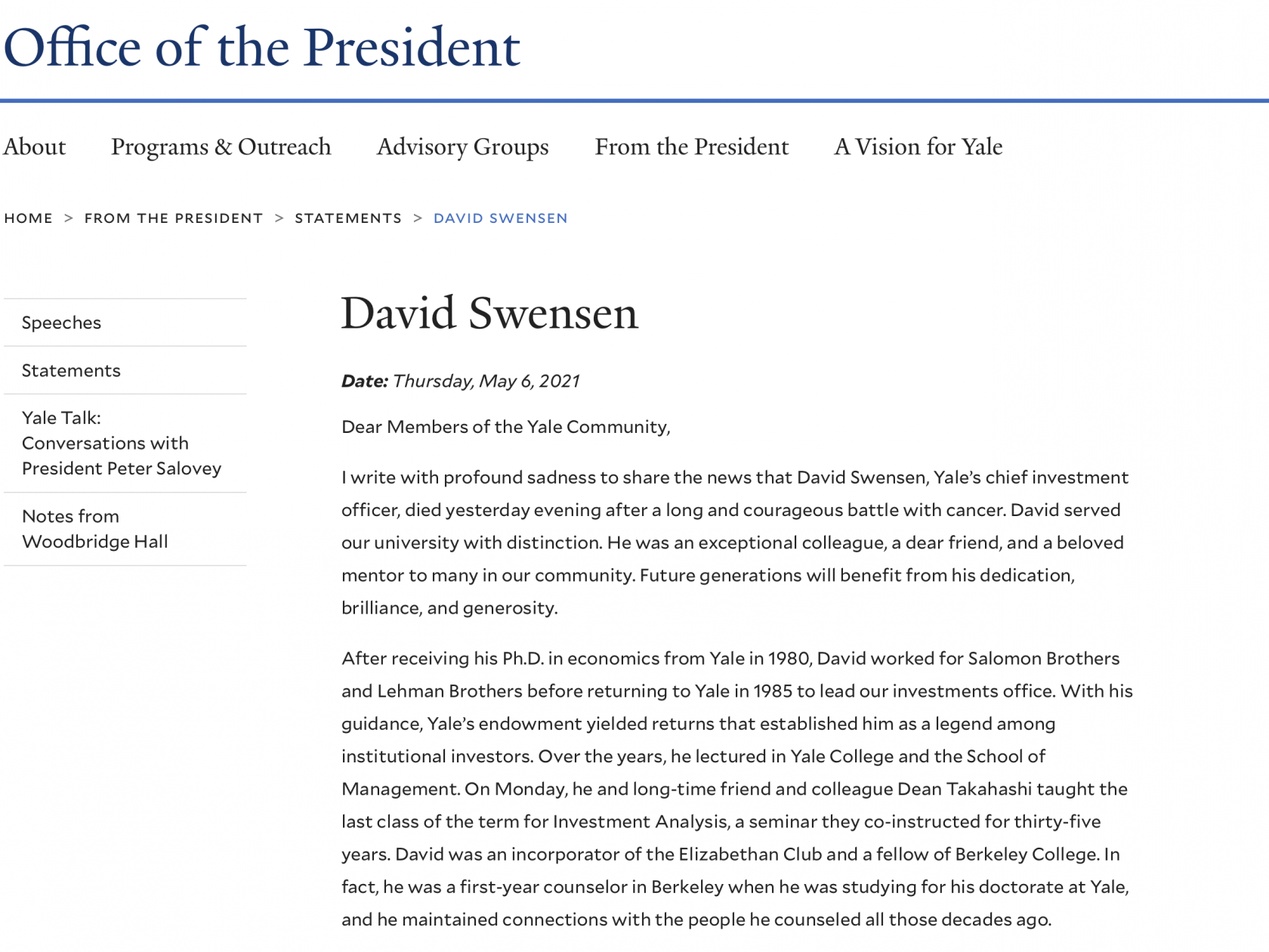 投资大师、耶鲁大学首席投资官大卫·斯文森病逝，享年67岁