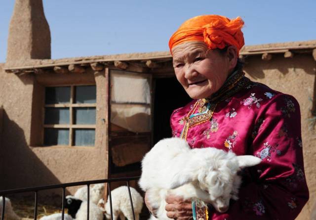 △2009年2月13日，都贵玛在牧区的家里照看小羊羔。新华社记者 任军川 摄
