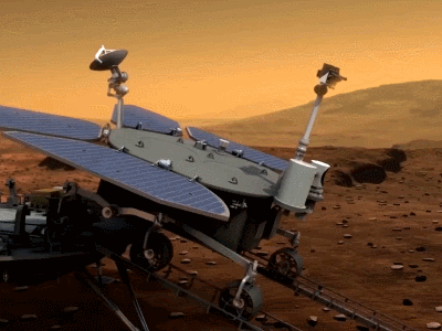 火星车驶离着陆平台（模拟动画），图片来自“中国航天科技集团”微信公众号