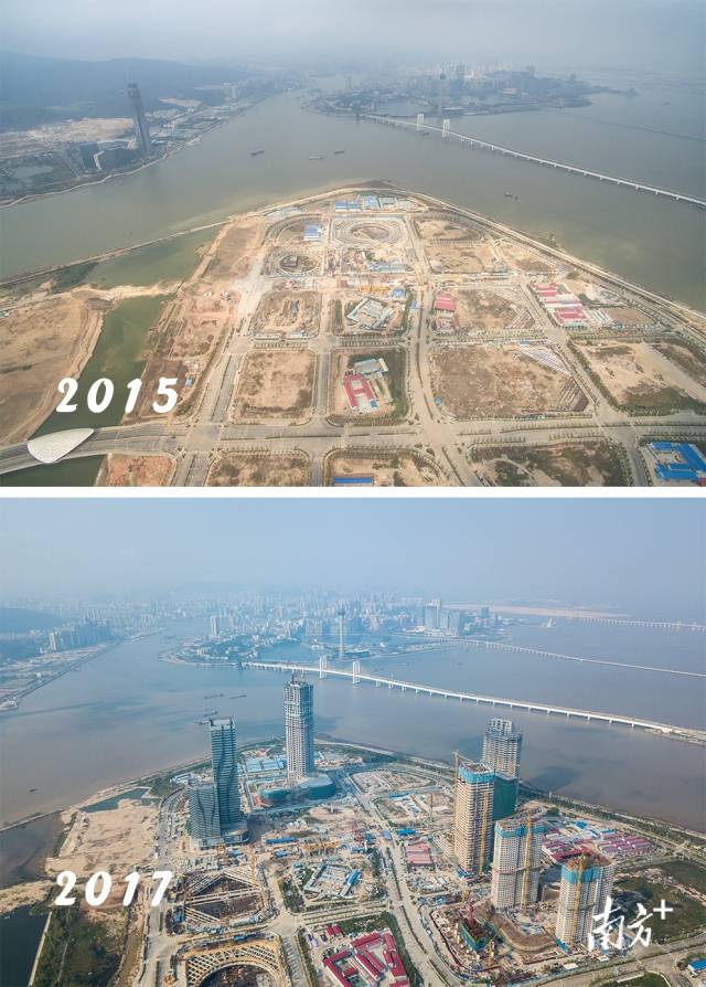 2015年12月与2017年7月时的珠海横琴金融岛。 
