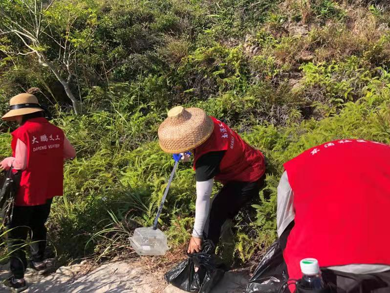 东涌社区“红马甲”徒步登山，“地毯式”清洁还原美景
