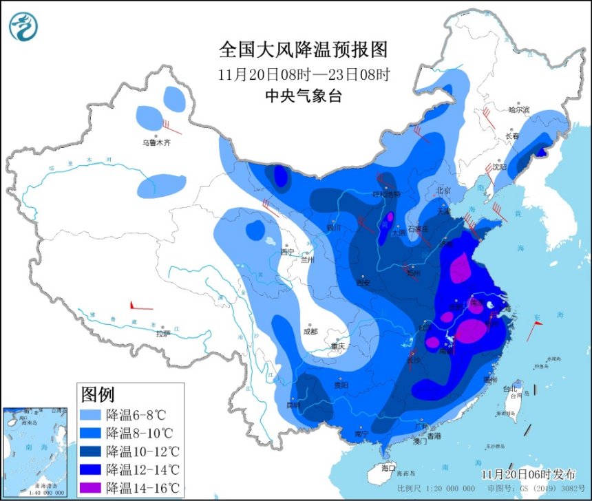 大范围寒潮局地降温超14℃，0℃线将南压至长江中下游一带