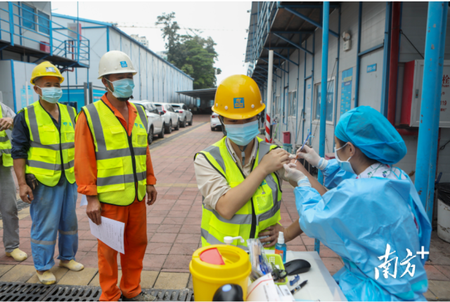 近日，中建五局在深圳的工作人员集中接种新冠疫苗加强针。 南方+ 朱洪波 摄
