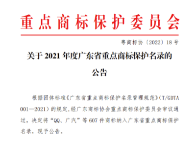 2021年度广东省《重点商标保护名录》出炉，607件纳入保护！