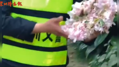 花展结束，暖心义警将散落的花送给游客