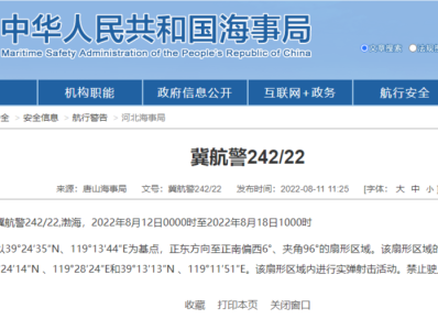 唐山海事局：12日至18日渤海部分海域将进行实弹射击活动