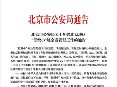 北京警方：禁止“低慢小”航空器进行各类未经审批的飞行活动和施放气球活动
