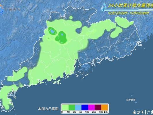 10月6日至7日广东大部阴天到多云，有分散雷雨