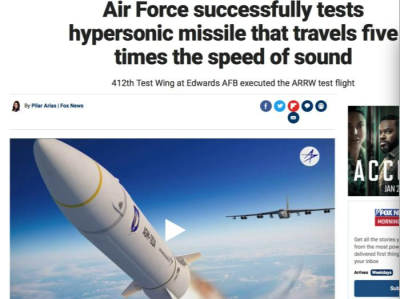 外媒：美军成功试射高超音速导弹 速度达声速五倍以上