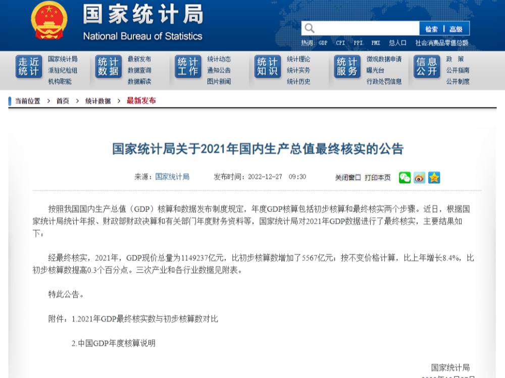 国家统计局：经最终核实2021年GDP现价总量为1149237亿元   