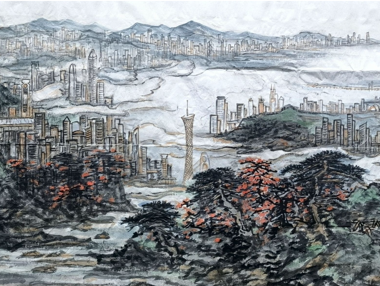 著名画家宋陆京新作《白云拖玉进湾区》亮相