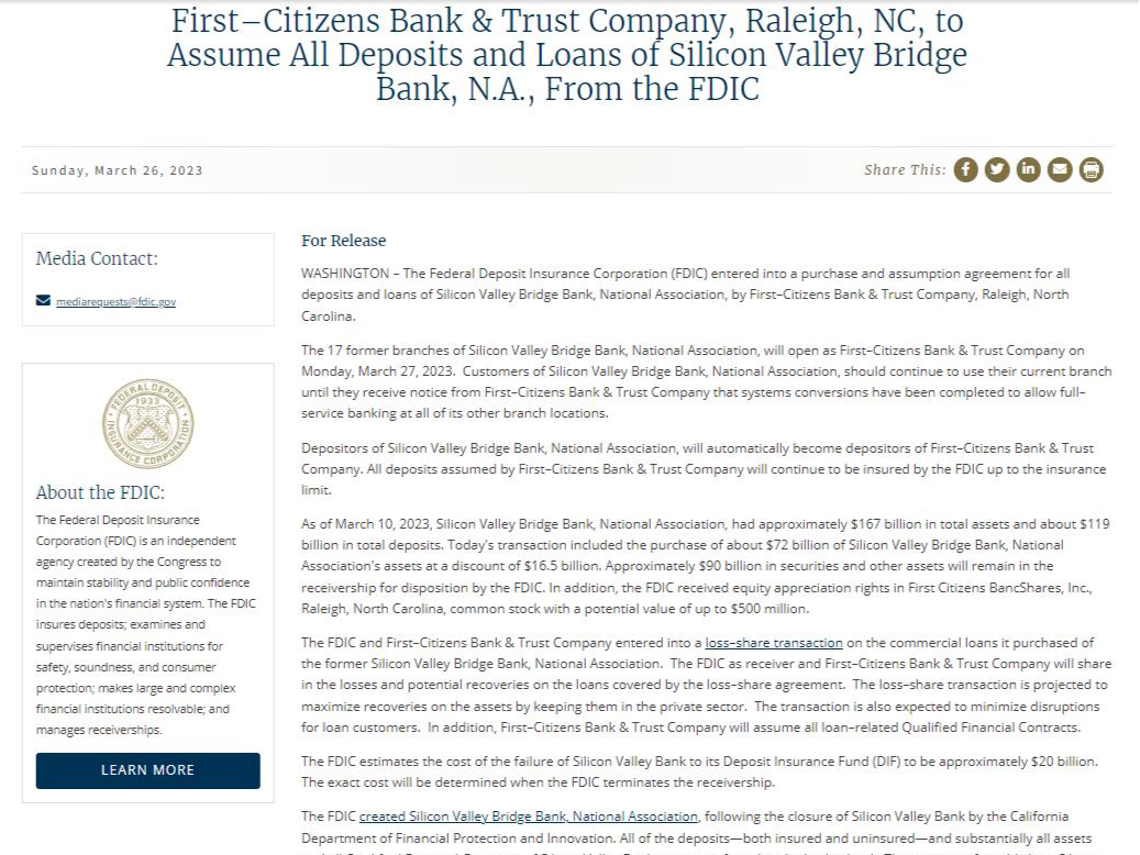 美国联邦存款保险公司：第一公民银行接手硅谷银行