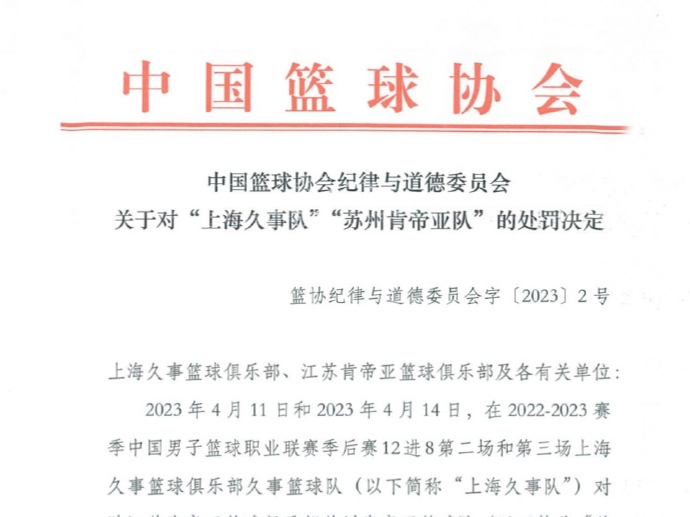 中国篮球协会纪律与道德委员会关于对“上海久事队”“苏州肯帝亚队”的处罚决定