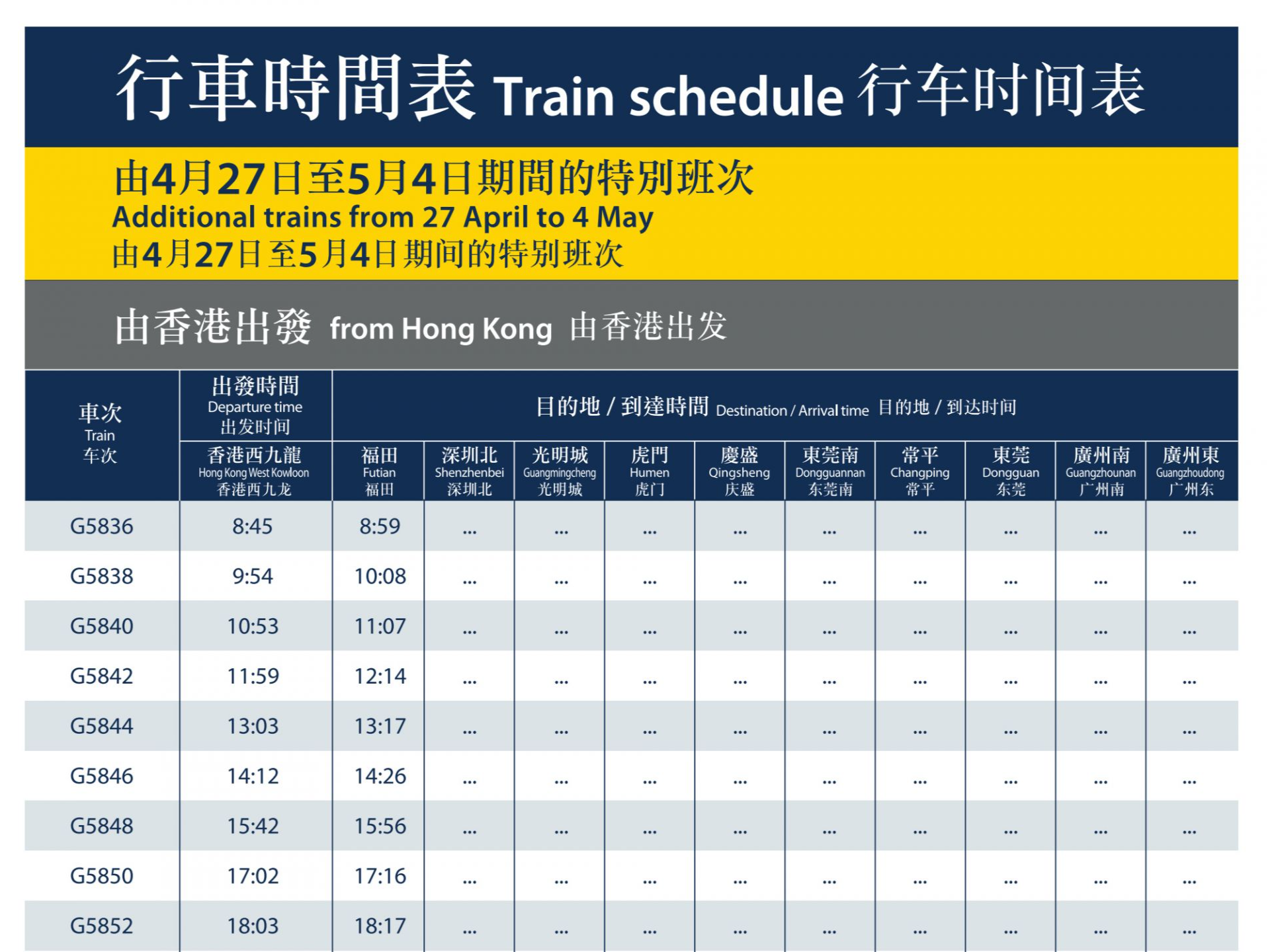高铁香港段五一期间每日增开22班列车，往来西九龙及福田