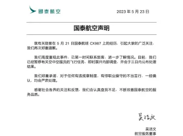 国泰航空再回应空乘歧视非英语旅客：已停飞，三日内公布处理结果