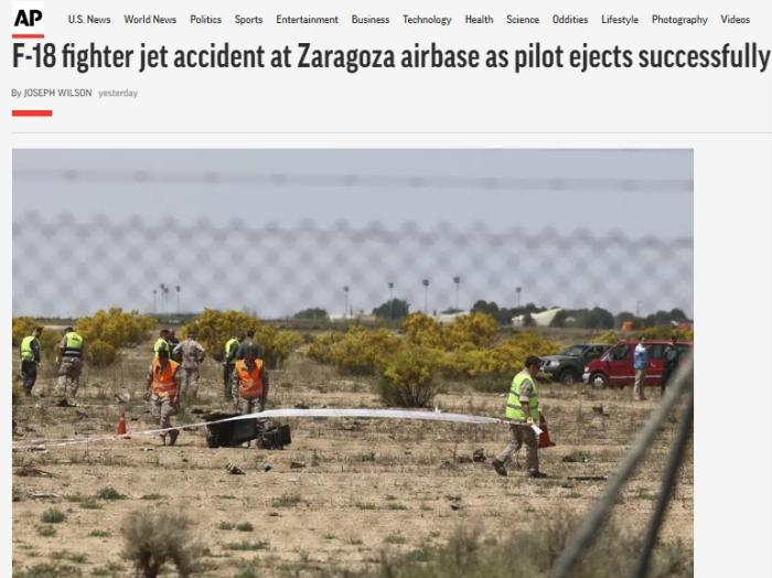 外媒：西班牙空军一架F-18战机坠毁后爆炸 飞行员弹射逃生