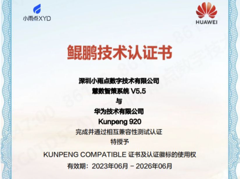 小雨点数科慧数智策决策引擎系统V5.5版本获华为鲲鹏认证