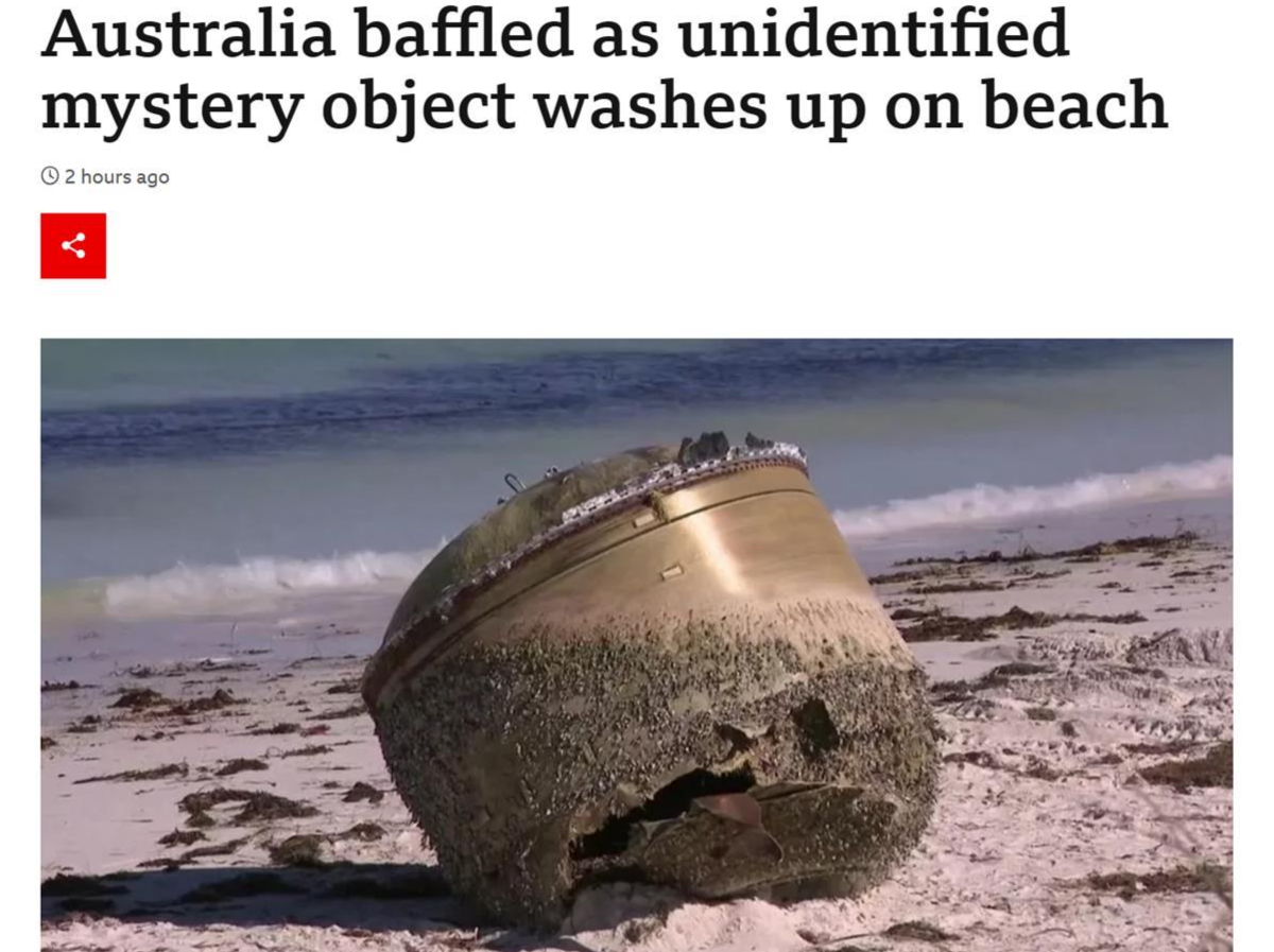澳大利亚海滩现神秘不明物体，警方要求居民与其保持距离