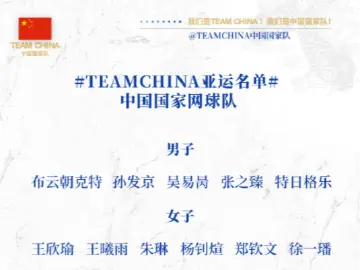 中国国家网球队公布杭州亚运名单