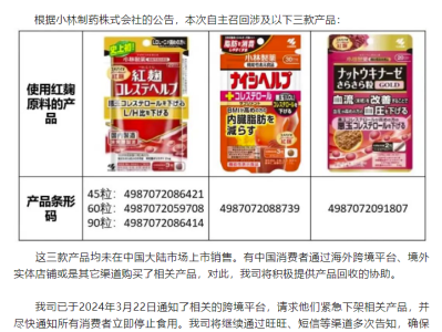 小林制药中国：本次召回三款产品均未在中国大陆销售