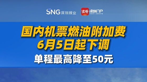 国内机票燃油附加费6月5日起下调，单程最高降至50元