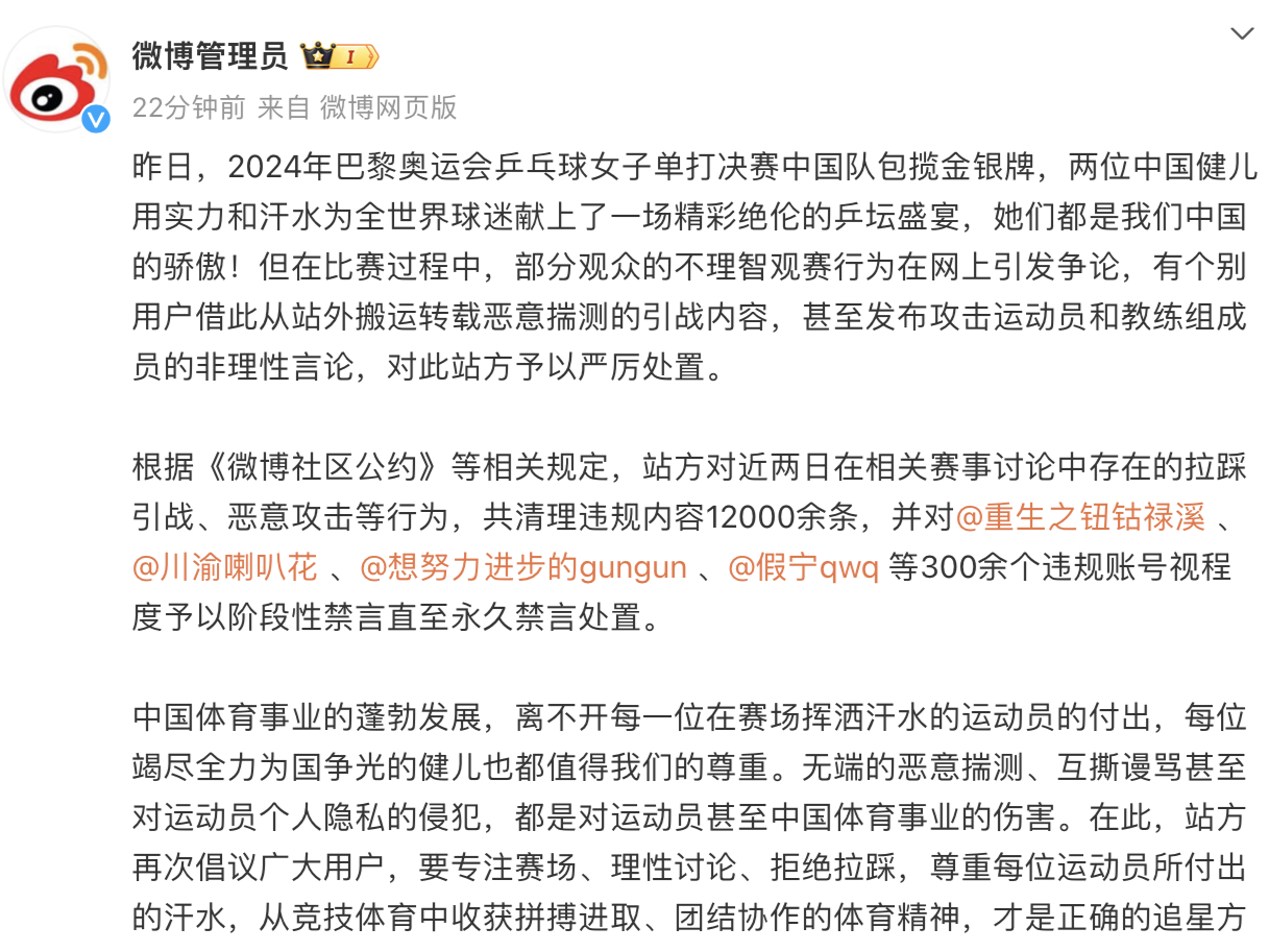 微博：在奥运乒乓球赛事讨论中拉踩引战、恶意攻击，300余个账号被禁言
