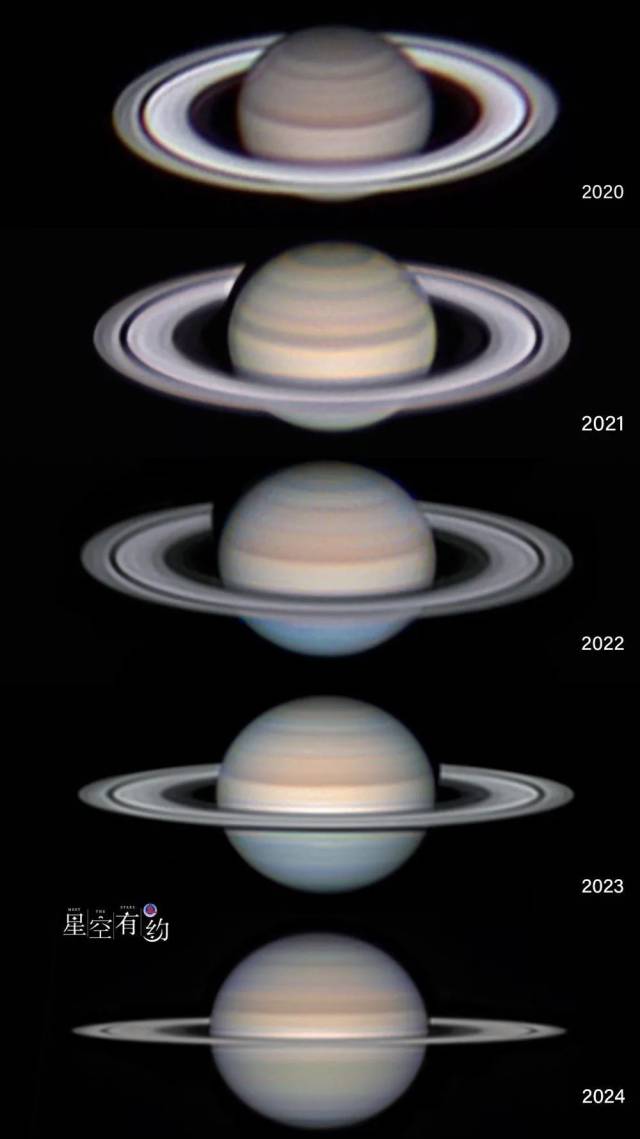 这是连续5年在广东中山拍摄的土星光环变化（拼版）。（星空摄影师汉玲 摄）