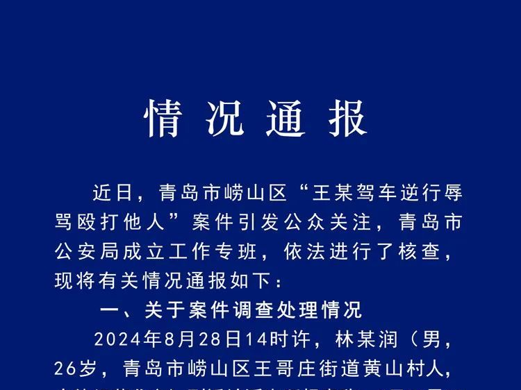青岛警方通报“王某驾车逆行辱骂殴打他人”案件核查情况
